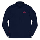 Roll Gear navy blue polyester quarter zip pullover with embroidered pink logo on chest and sleeve.