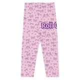 Roll Gear pink microfiber kids spats with all-over bow and wrestling graphic print. Four-way stretch for active play.