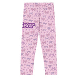 Roll Gear pink microfiber leggings for girls with all-over bow and wrestling pattern. Four-way stretch for active play.