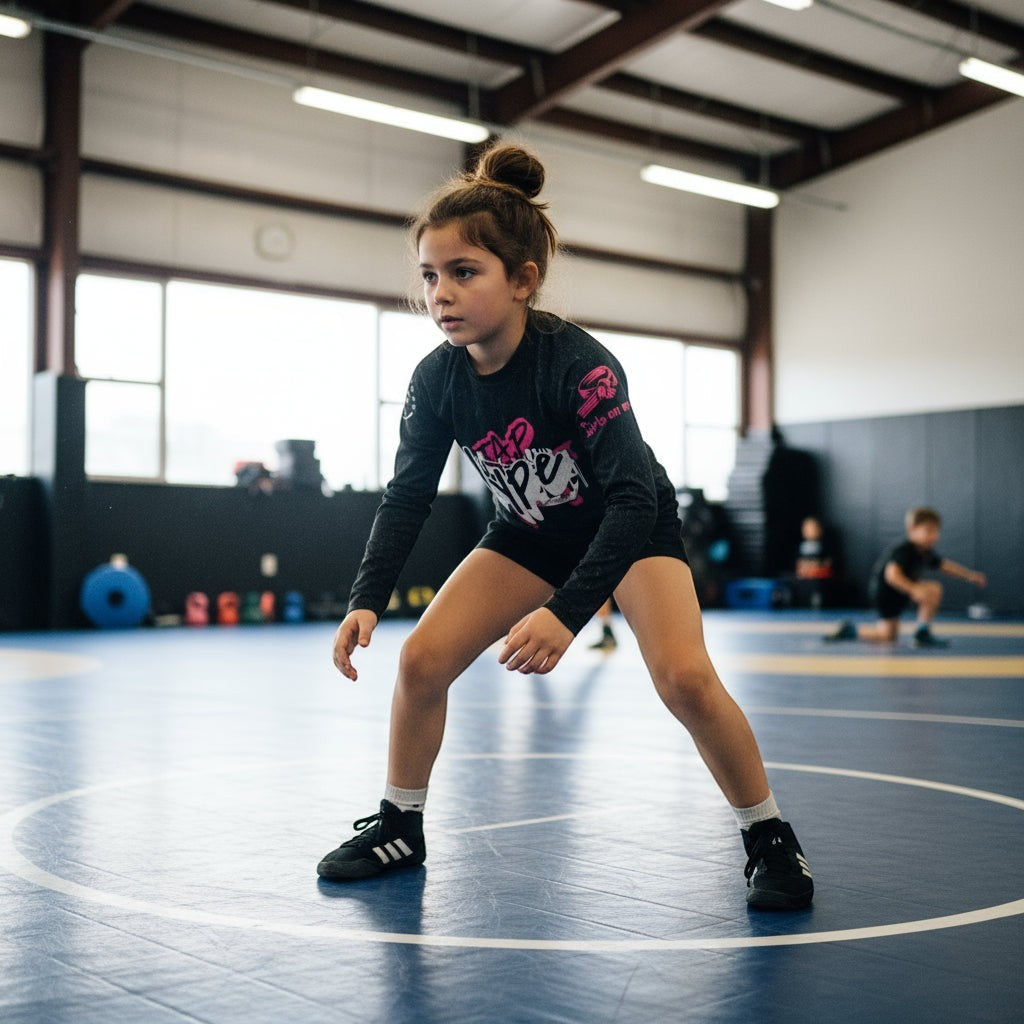 Roll Gear Tap Hype – Pink Edition Youth Long-Sleeve BJJ Rash Guard, black with pink Tap Hype print, worn on the mat.