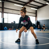 Roll Gear Pink Edition Youth Long-Sleeve BJJ Rash Guard with pink graphics on a young girl training on a wrestling mat.