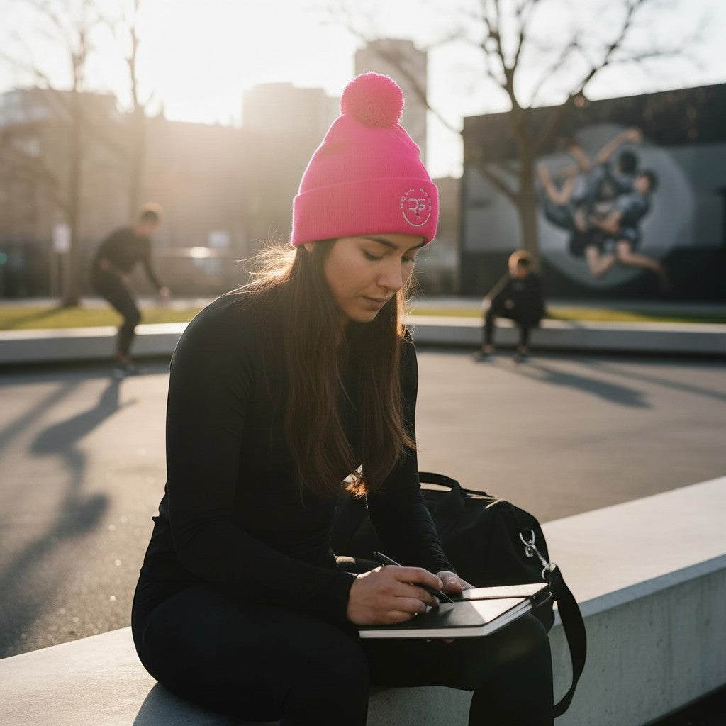 Roll Gear bright pink knit beanie with two pom-poms and embroidered logo, worn by a woman outdoors.