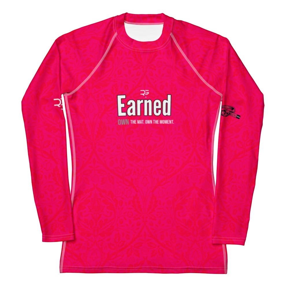 Roll Gear Earned Not Given Women's Long Sleeve BJJ Rash Guard, flat front view, Earned graphic.