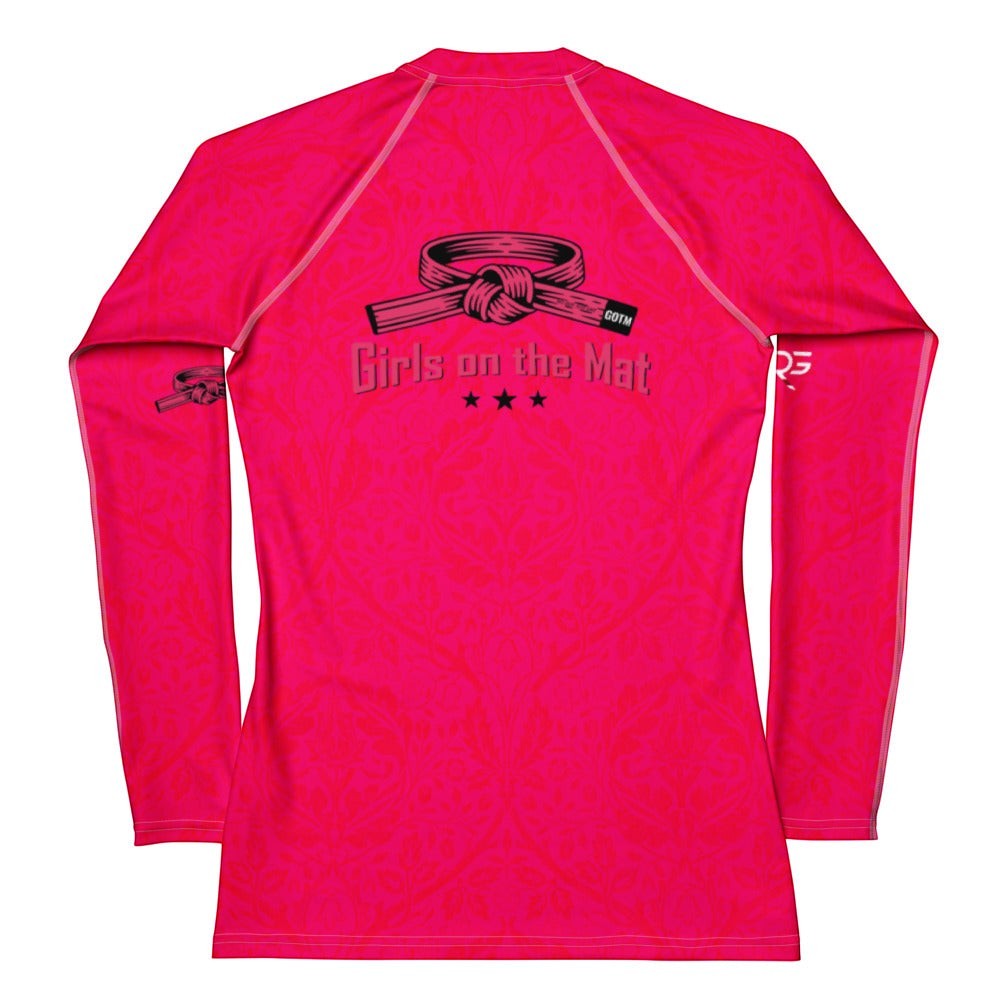 Roll Gear Earned Not Given Women's Long Sleeve BJJ Rash Guard, flat view, pink with Girls on the Mat graphic and belt.