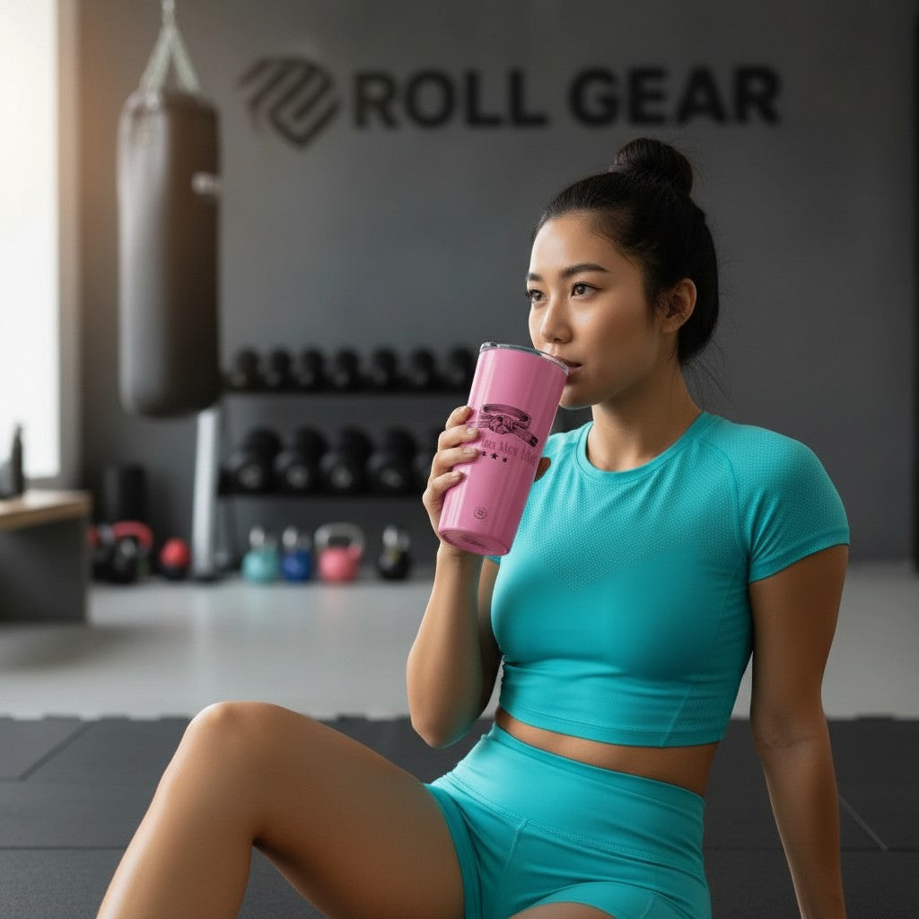 Roll Gear pink 20oz stainless steel tumbler with 'Girls on the Mat' logo, held by a woman in a gym.