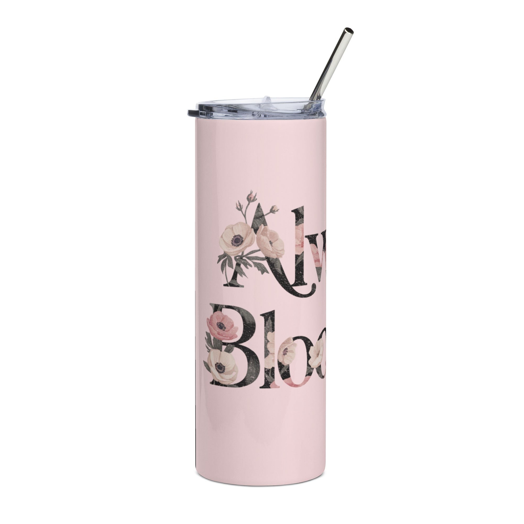 Roll Gear Always Blooming Stainless Steel Tumbler, angled view with the straw.