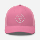 Roll Gear pink trucker cap with embroidered logo and mesh back. Adjustable snapback closure.
