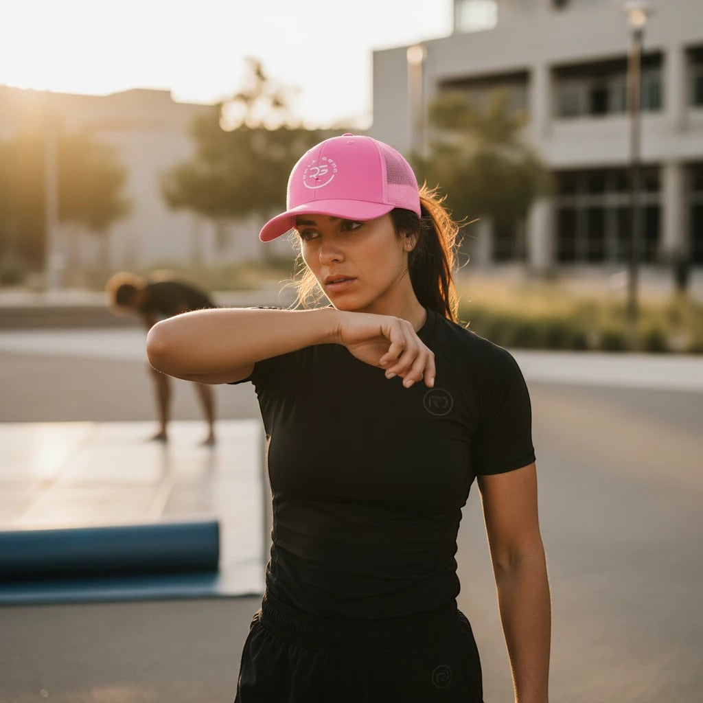 Roll Gear bright pink trucker cap with embroidered logo and mesh back, worn by a woman after training.