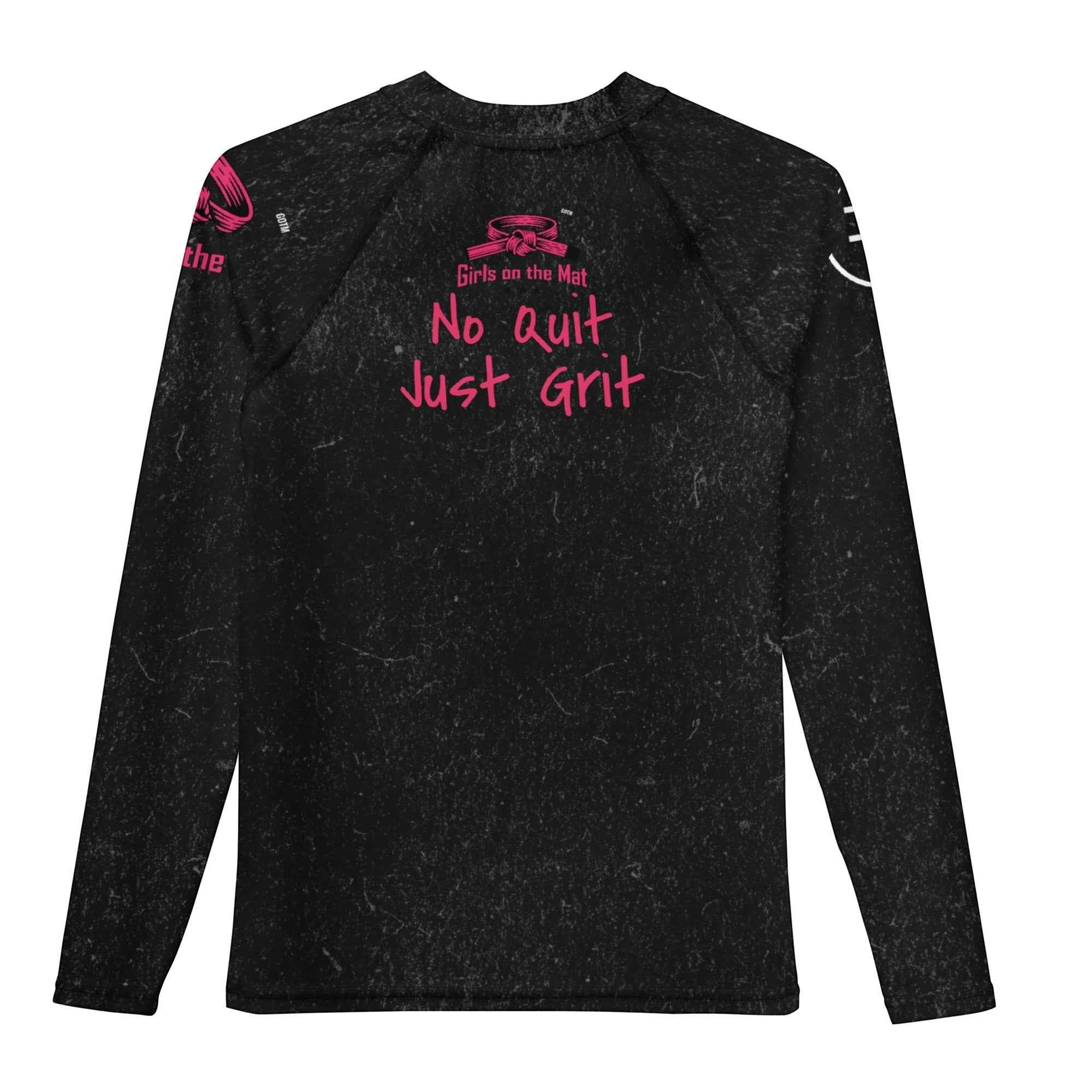 Roll Gear Tap Hype – Pink Edition Youth Long-Sleeve BJJ Rash Guard, pink No Quit Just Grit graphic, Girls on the Mat logo.