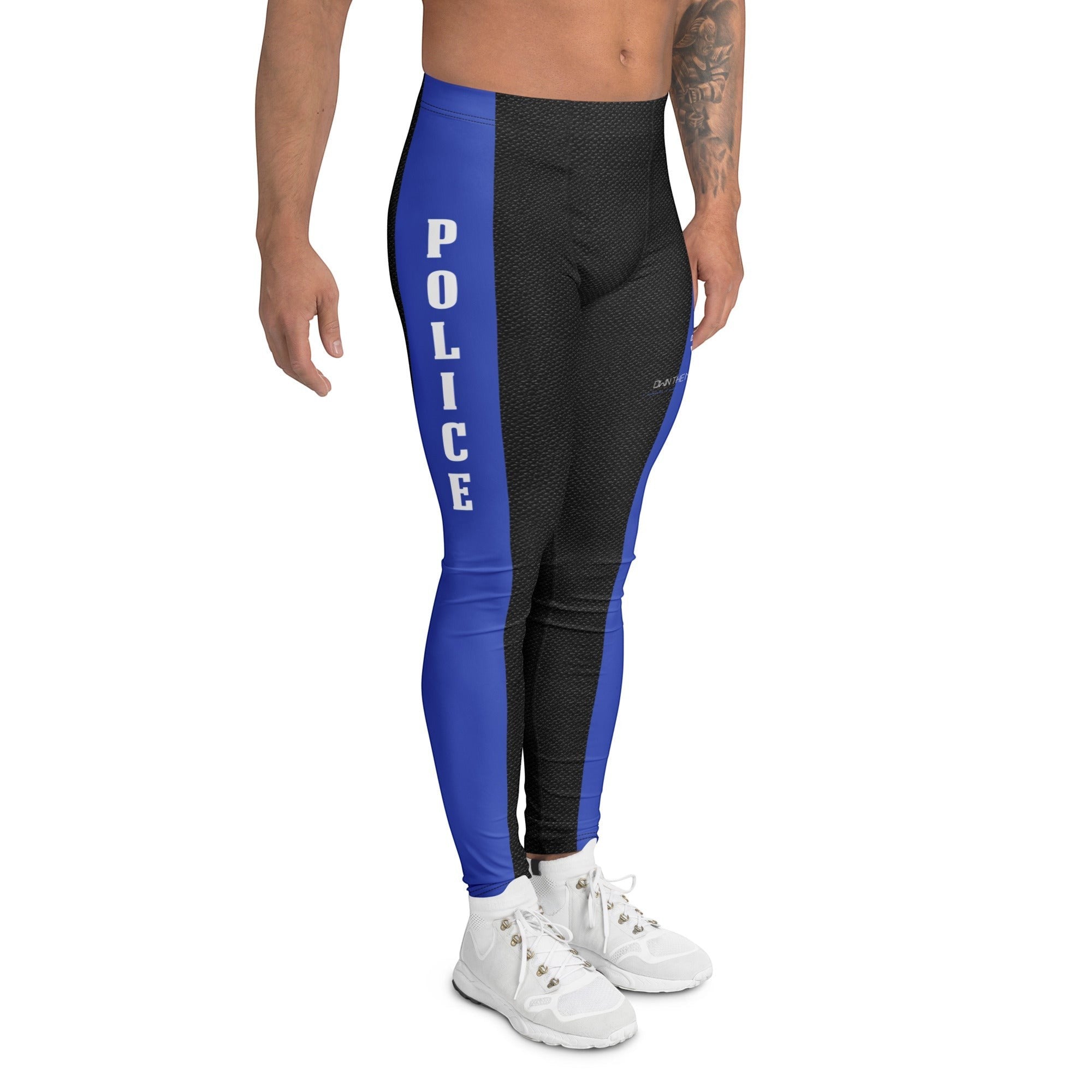 Roll Gear men's black compression spats with blue side panels featuring the word POLICE vertically printed in white. Made from polyester and spandex blend.