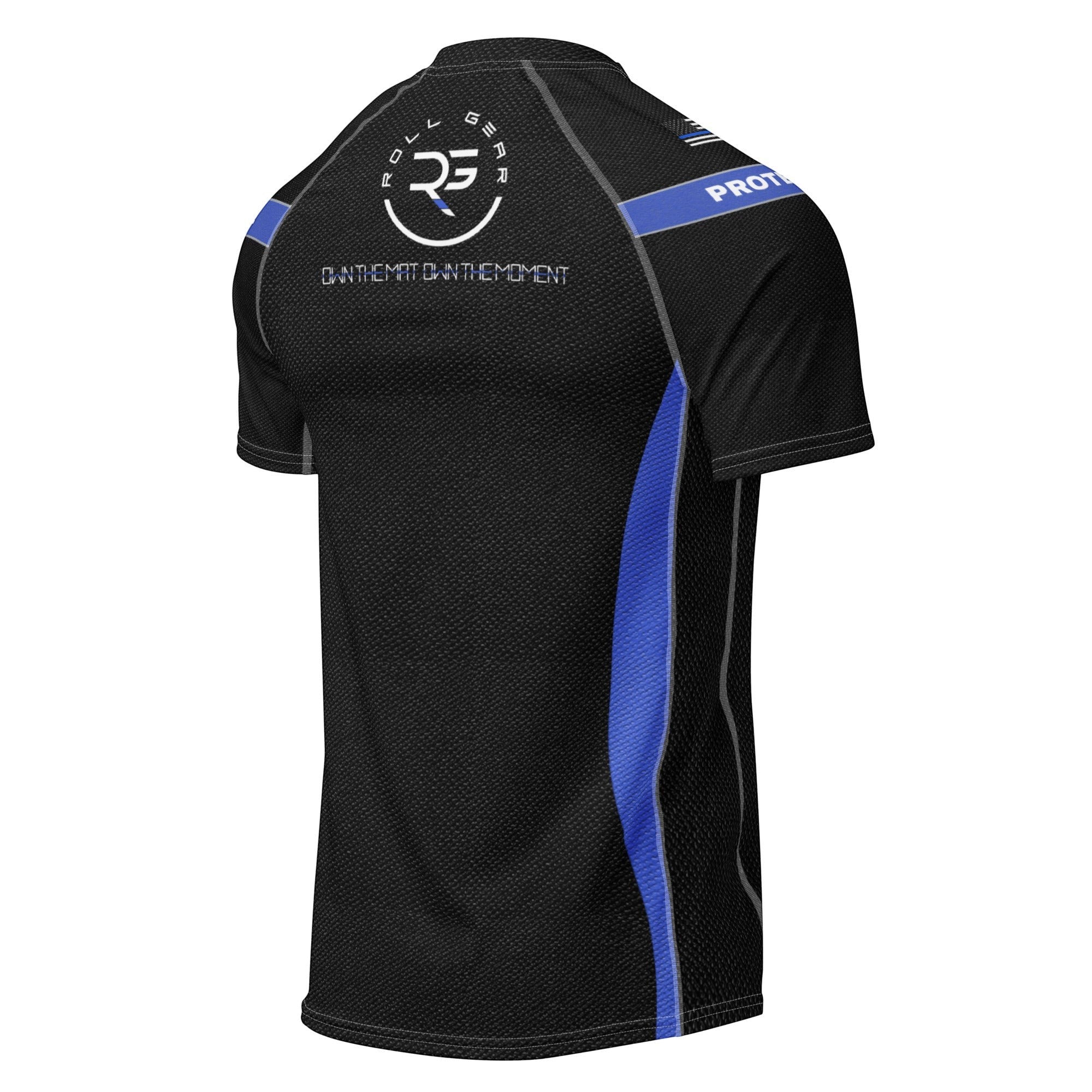 Roll Gear Unisex Police Edition short sleeve rash guard in black with blue line accents and "PROTECT / SERVE" graphics. Compression fit.