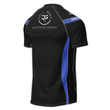 Roll Gear Unisex Police Edition short sleeve rash guard in black with blue line accents and "PROTECT / SERVE" graphics. Compression fit.