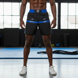Roll Gear Police Tribute Edition grappling shorts in black with blue trim and "Protect / Serve" text. Lightweight, 4-way stretch fabric.