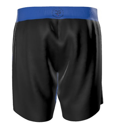 Roll Gear Police Tribute Edition black grappling shorts with blue waistband and subtle flag motifs.
