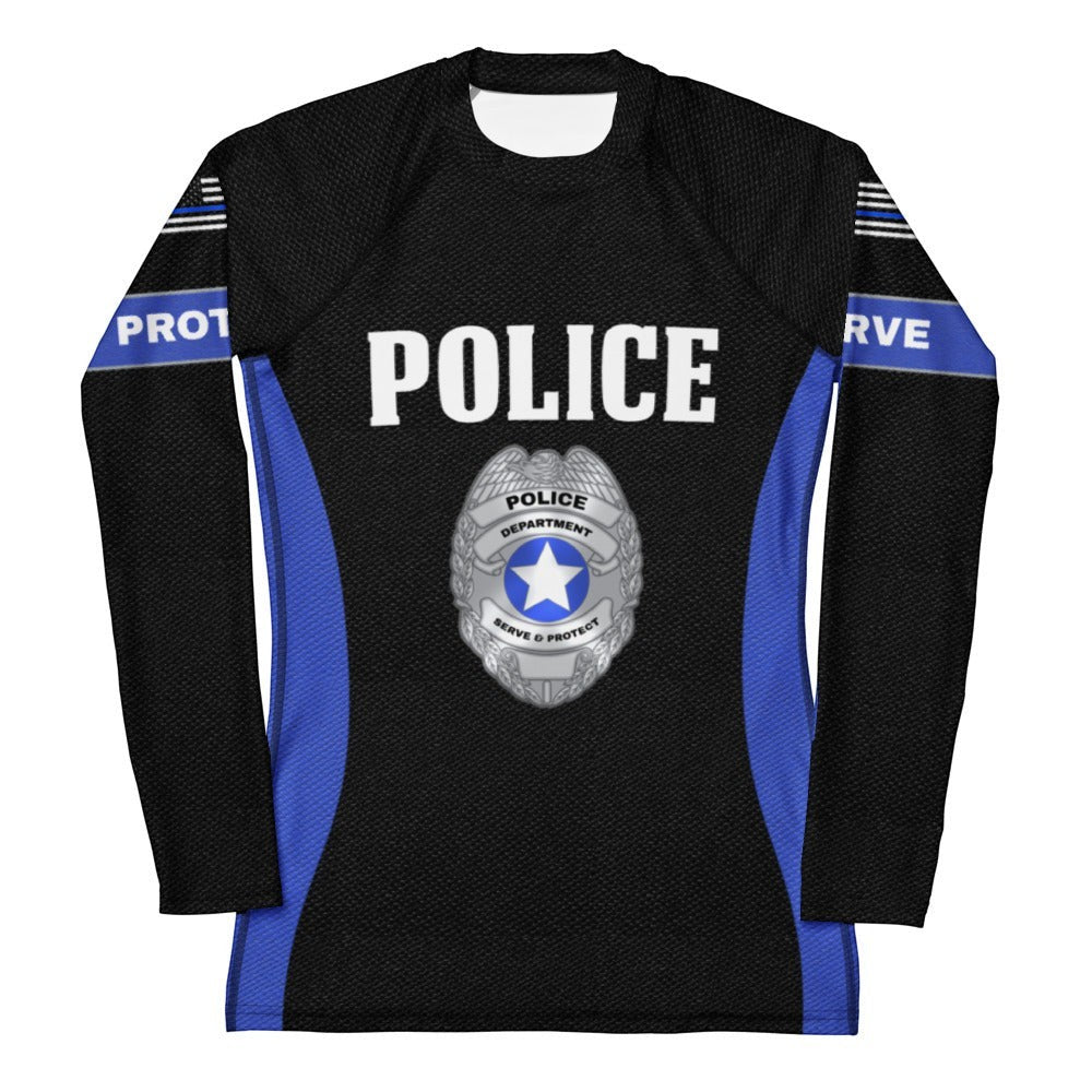Roll Gear Women's Police Edition long sleeve rash guard in black with blue accents and "POLICE" graphic. Features a police badge emblem.