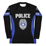 Roll Gear Women's Police Edition long sleeve rash guard in black with blue accents and "POLICE" graphic. Features a police badge emblem.