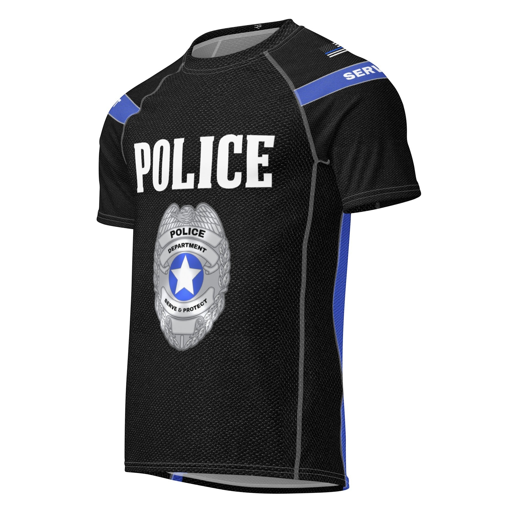 Roll Gear Unisex Police Edition short sleeve rash guard in black with Thin Blue Line accents and "POLICE" graphic.