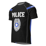 Roll Gear Unisex Police Edition short sleeve rash guard in black with Thin Blue Line accents and "POLICE" graphic.