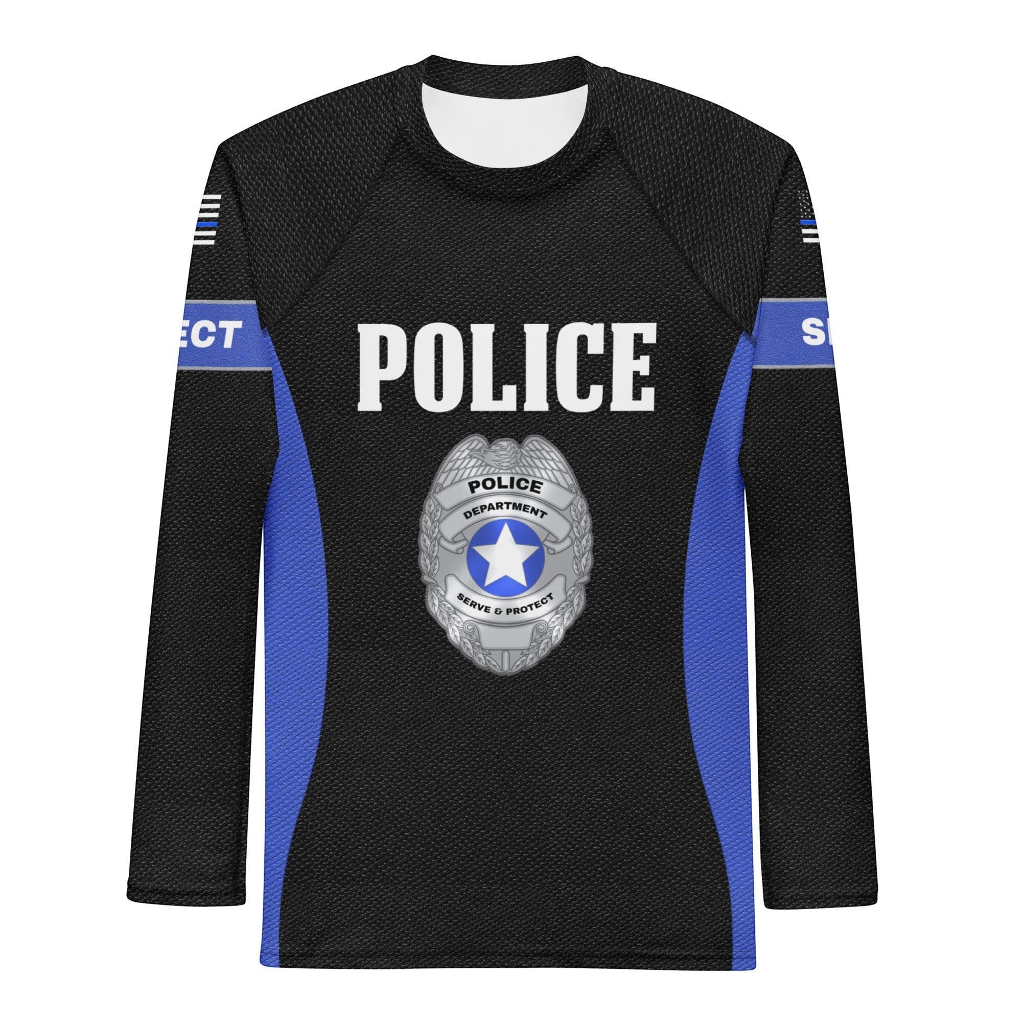 Roll Gear Men's black long sleeve rash guard with "POLICE" text, badge emblem, and thin blue line accents. Compression fit for athletic training.