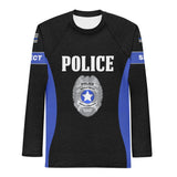 Roll Gear Men's black long sleeve rash guard with "POLICE" text, badge emblem, and thin blue line accents. Compression fit for athletic training.