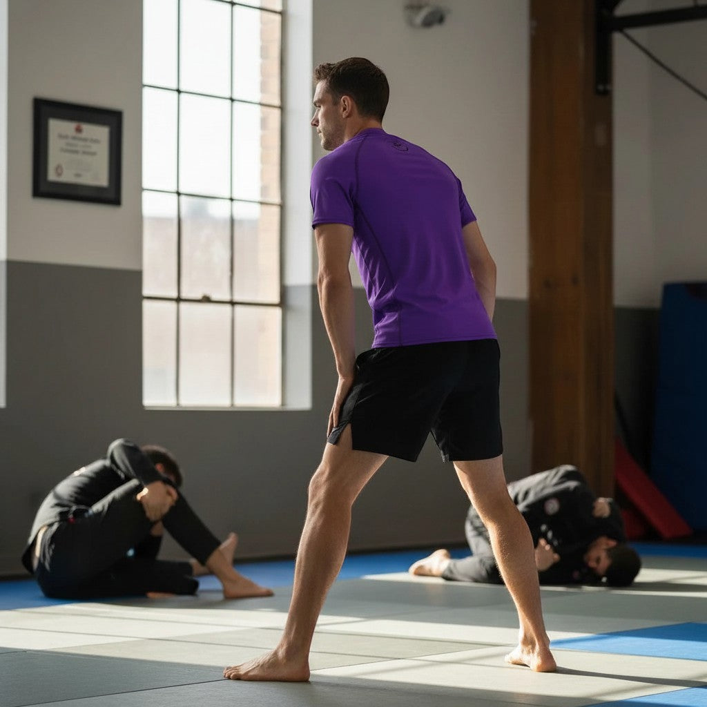Roll Gear Solid Performance Rash Guard – Purple – Adult/Unisex, side view on a man standing on the mat.