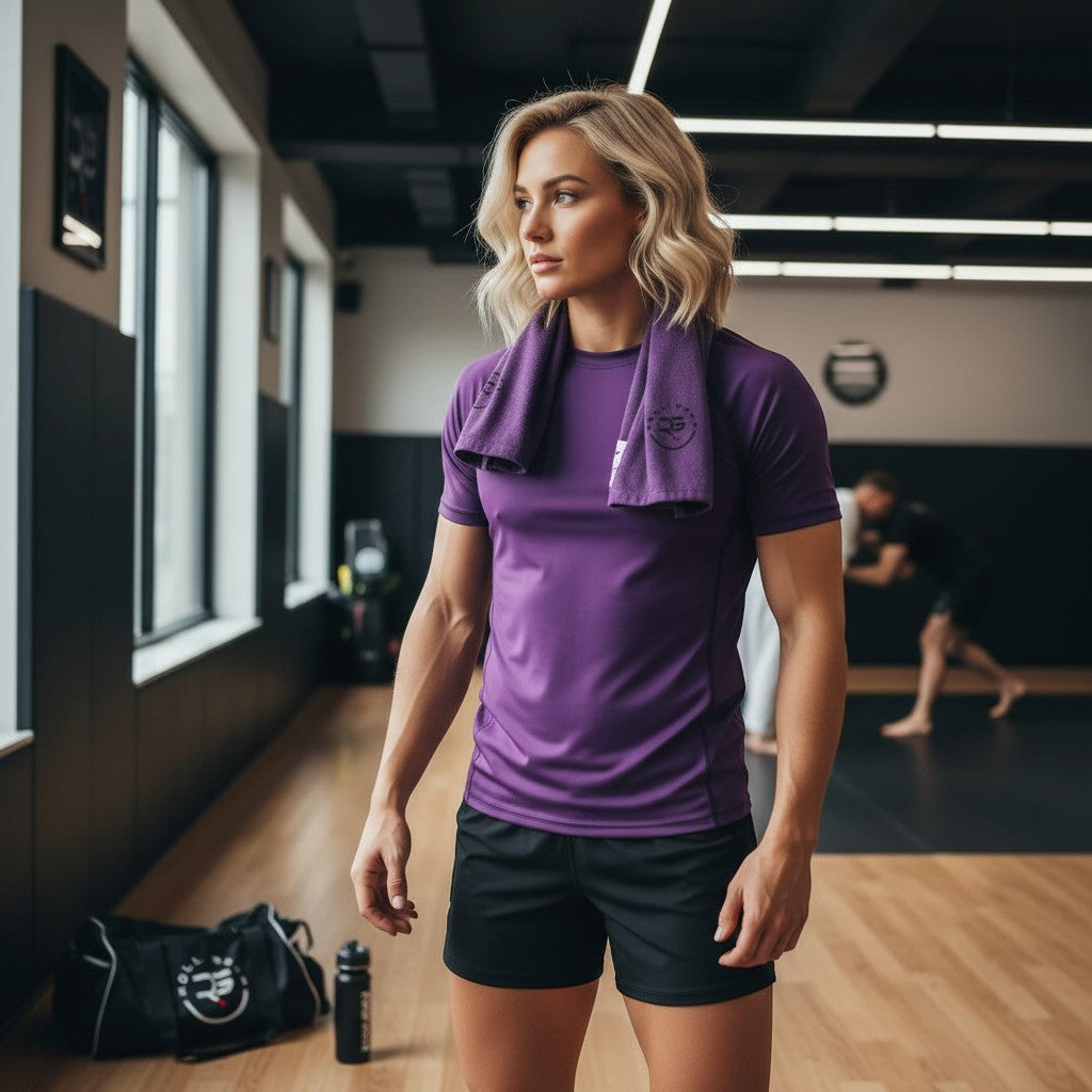 Roll Gear Solid Performance Rash Guard – Purple – Adult/Unisex, woman with a towel around her neck in a gym.