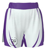 Roll Gear™ white grappling shorts with purple accents and curved side panels. IBJJF compliant.