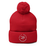 Roll Gear red acrylic knit pom pom beanie hat with embroidered logo on cuff