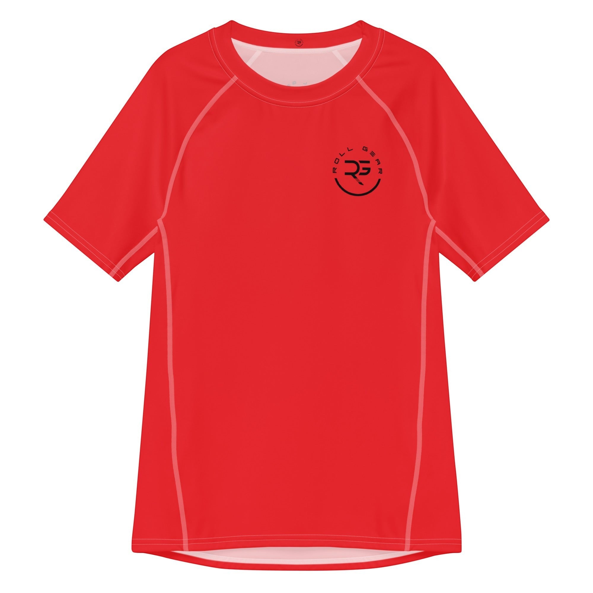 Roll Gear Performance Rash Guard – All Red Edition, flat front view, Roll Gear chest logo.