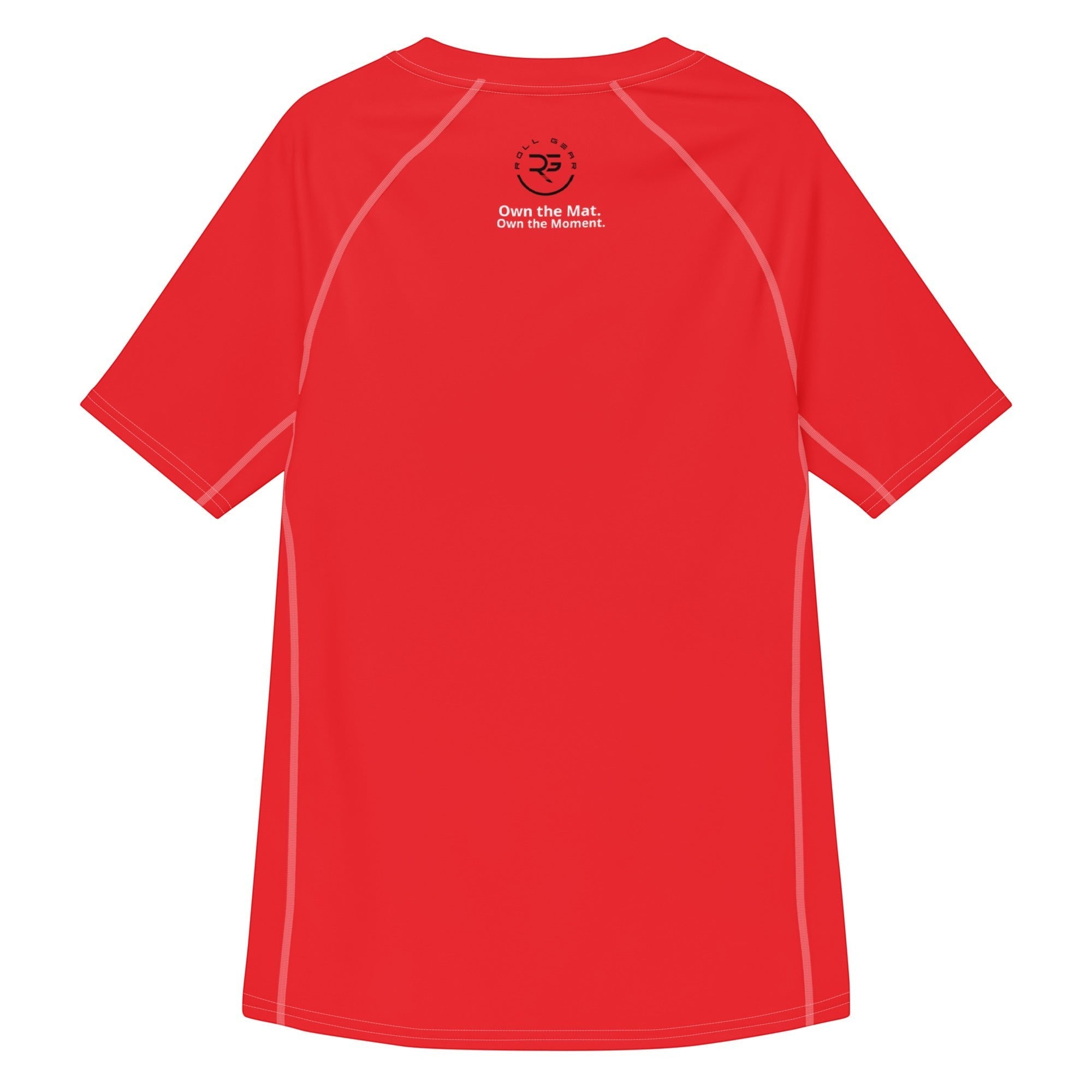 Roll Gear Performance Rash Guard – All Red Edition, flat back view.