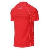 Roll Gear Performance Rash Guard – All Red Edition, angled back view, Own the Mat text below the collar.