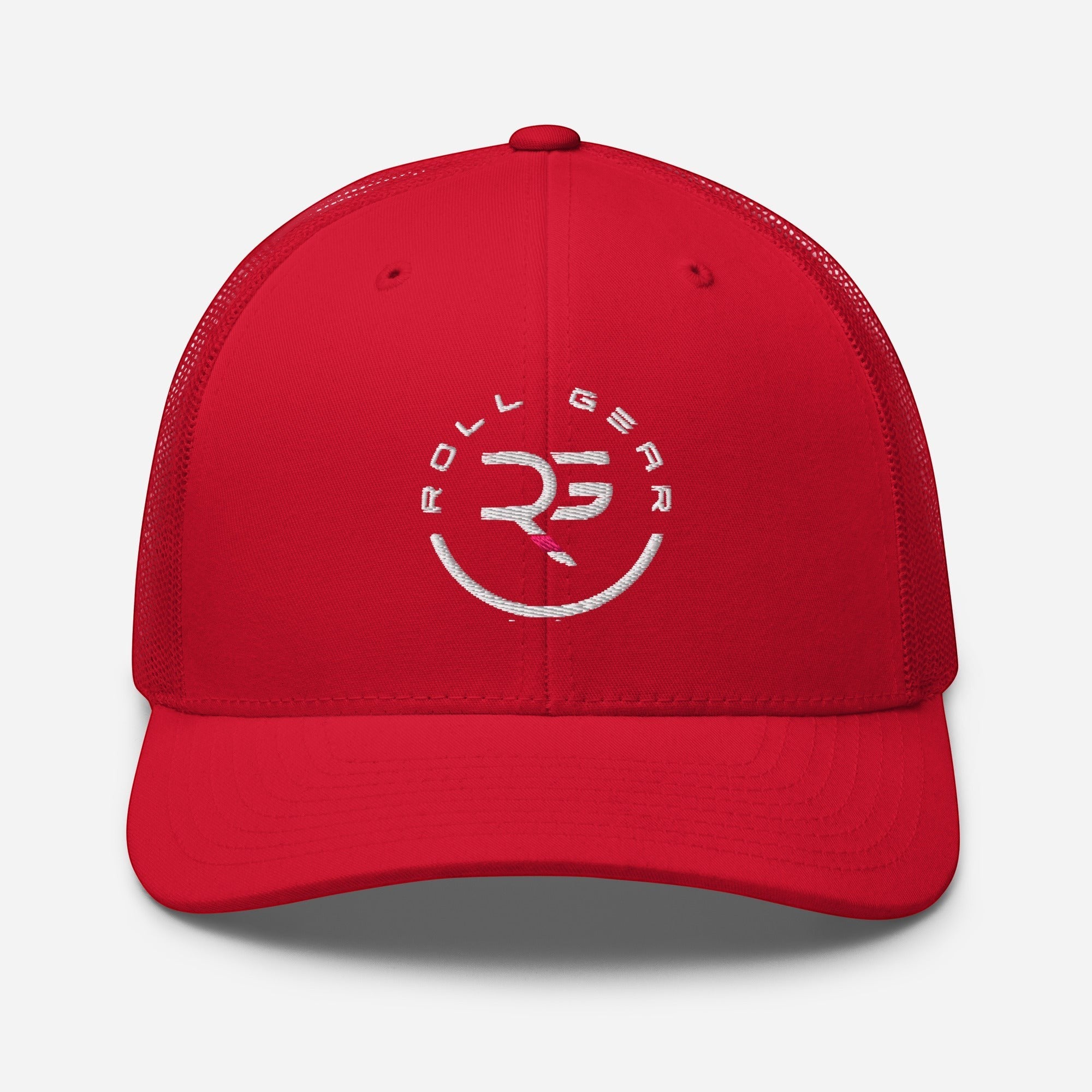 Roll Gear red trucker cap with white embroidered logo and mesh back. Structured six-panel design with adjustable snapback.