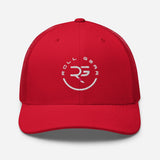 Roll Gear red trucker cap with white embroidered logo and mesh back. Structured six-panel design with adjustable snapback.