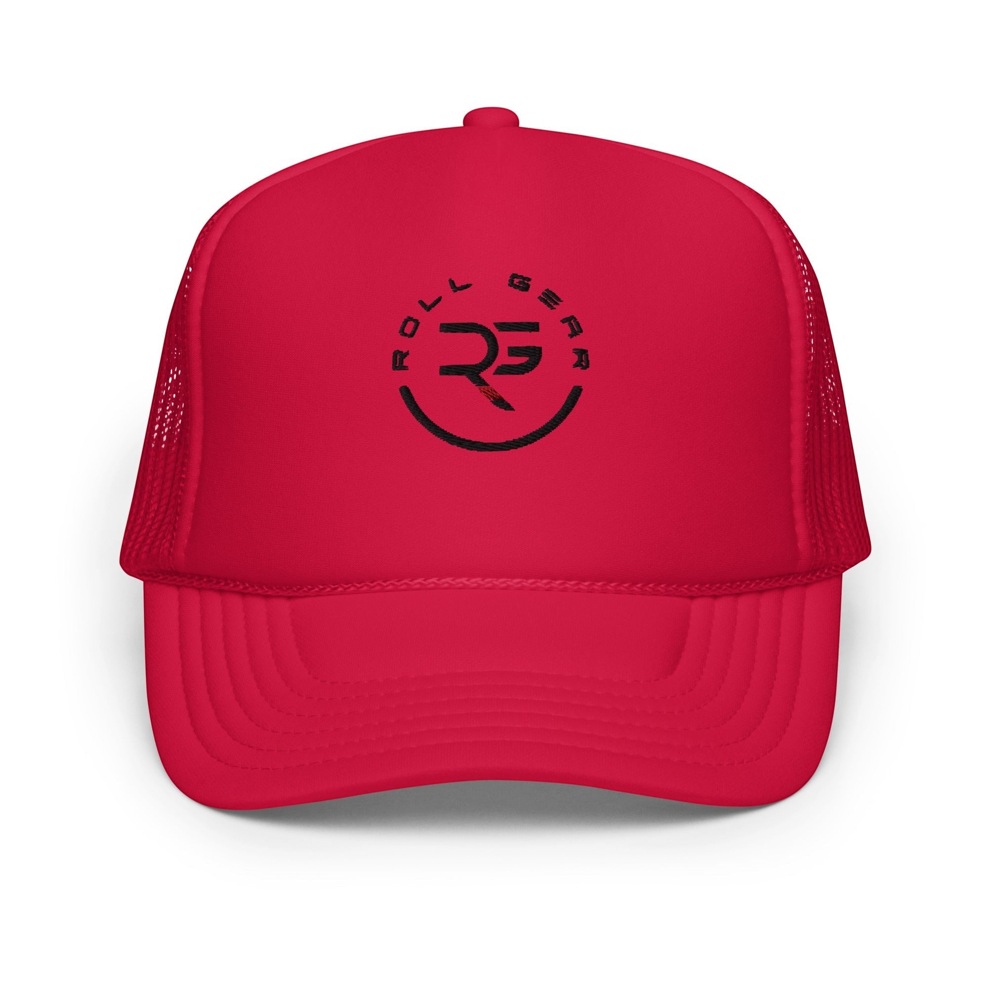 Roll Gear red trucker hat with embroidered logo and mesh back for ventilation. One size fits most.