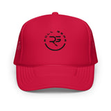 Roll Gear red trucker hat with embroidered logo and mesh back for ventilation. One size fits most.