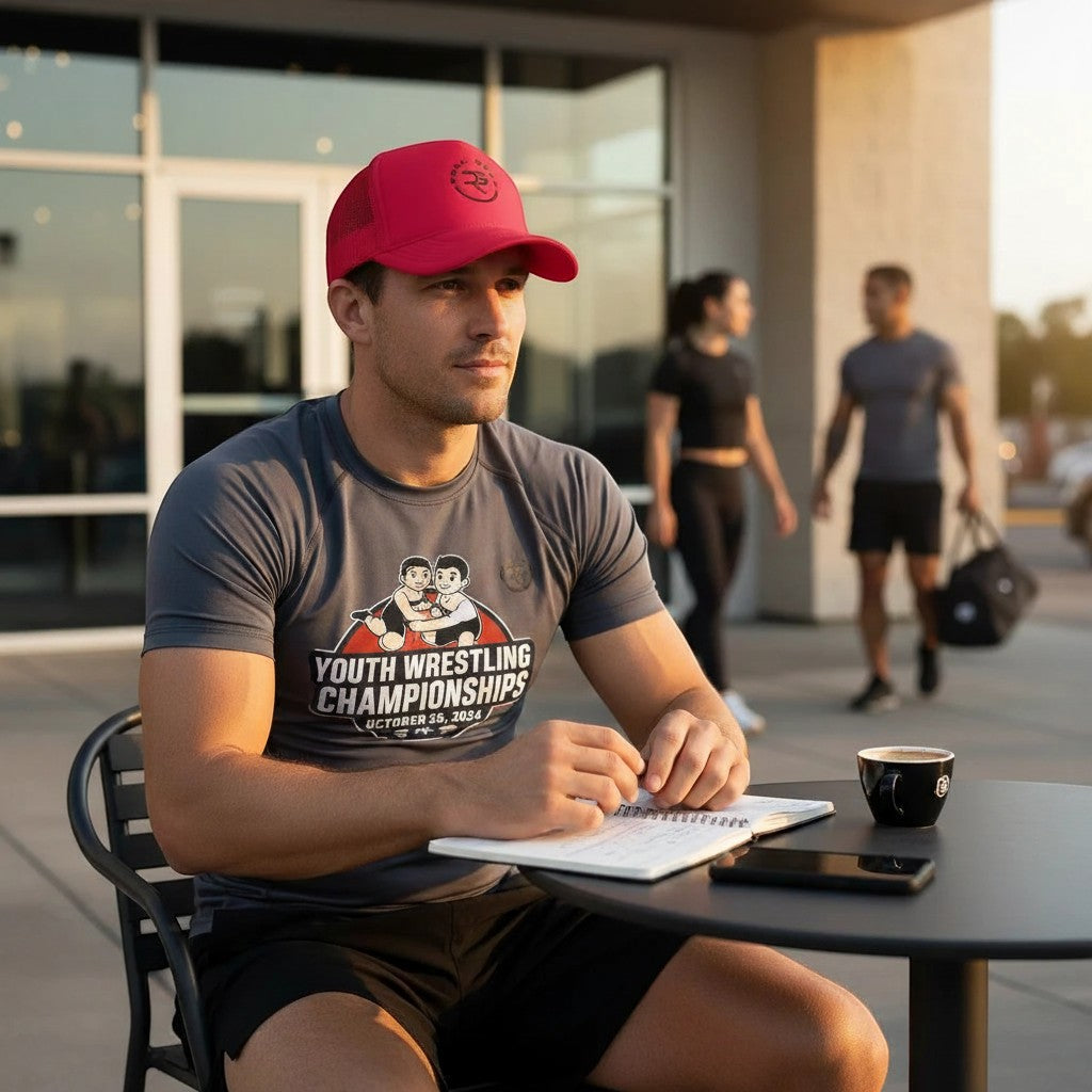 Roll Gear red trucker hat with embroidered logo, mesh back for ventilation, and curved bill. Worn by a man sitting at a table.