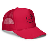 Roll Gear red trucker hat with black embroidered logo and mesh back for ventilation. One size fits most.