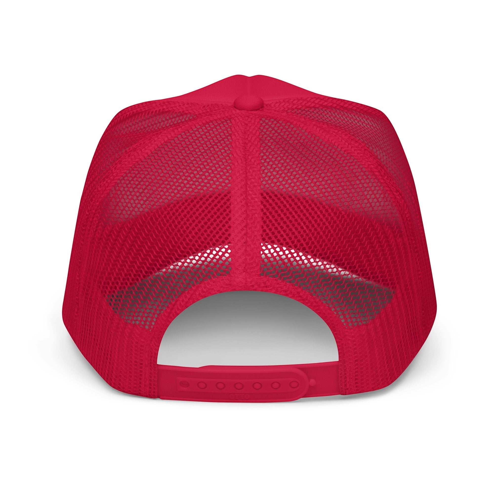 Roll Gear red trucker hat with mesh back and adjustable snapback closure.