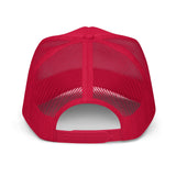 Roll Gear red trucker hat with mesh back and adjustable snapback closure.