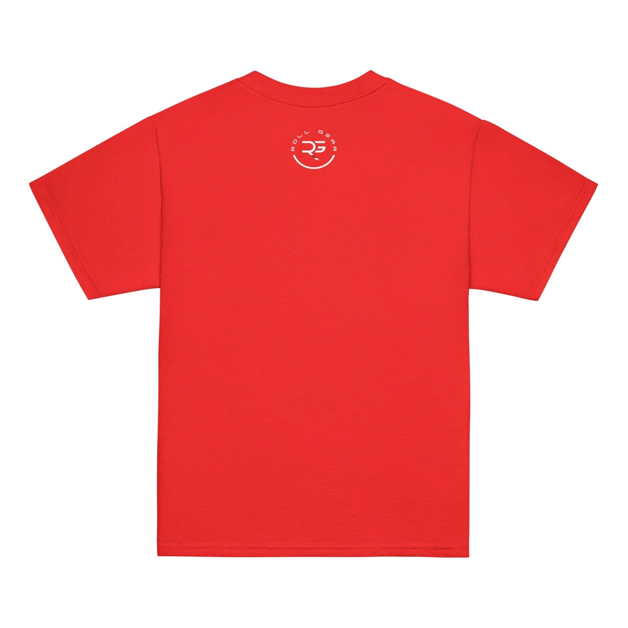 Roll Gear red 100% cotton youth t-shirt with classic fit and a small white logo on the back.