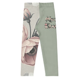 Roll Gear kids sage green leggings with vintage floral artwork and "Always Blooming" text. Four-way stretch microfiber.