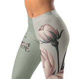 Roll Gear women's sage green athletic leggings with vintage floral print and "Always Blooming" text. Four-way stretch microfiber.