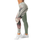Roll Gear women's sage green athletic leggings with vintage floral print on one leg, four-way stretch microfiber.