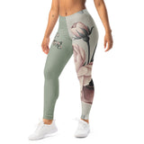 Roll Gear women's sage green athletic leggings with vintage floral print on one leg and text on the other.