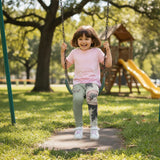 Roll Gear kids sage green leggings with vintage floral artwork and "Always Blooming" text. Four-way stretch microfiber for active play.