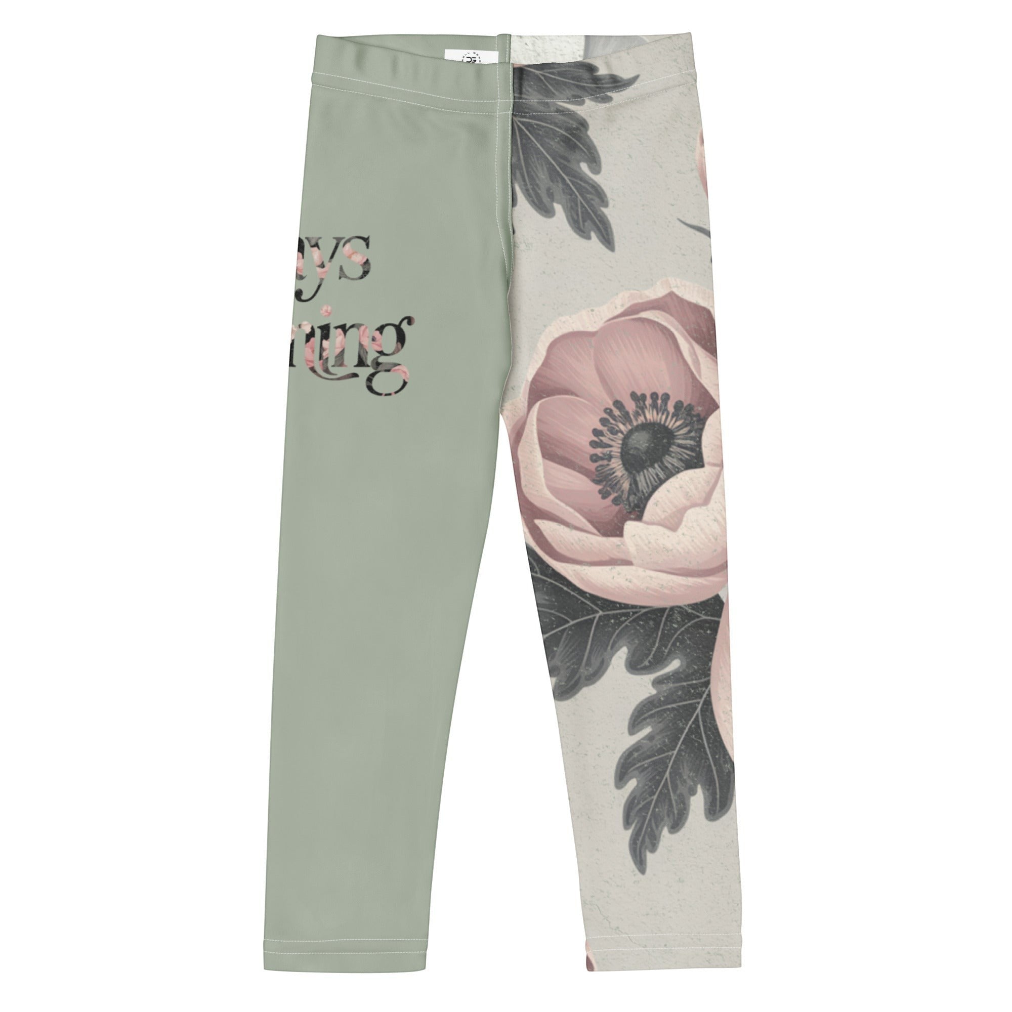 Roll Gear Signature Always Blooming Spats – Sage Green – Kids, flat back view, floral print.