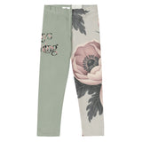 Roll Gear kids sage green leggings with vintage floral artwork and "Always Blooming" text. Four-way stretch microfiber.