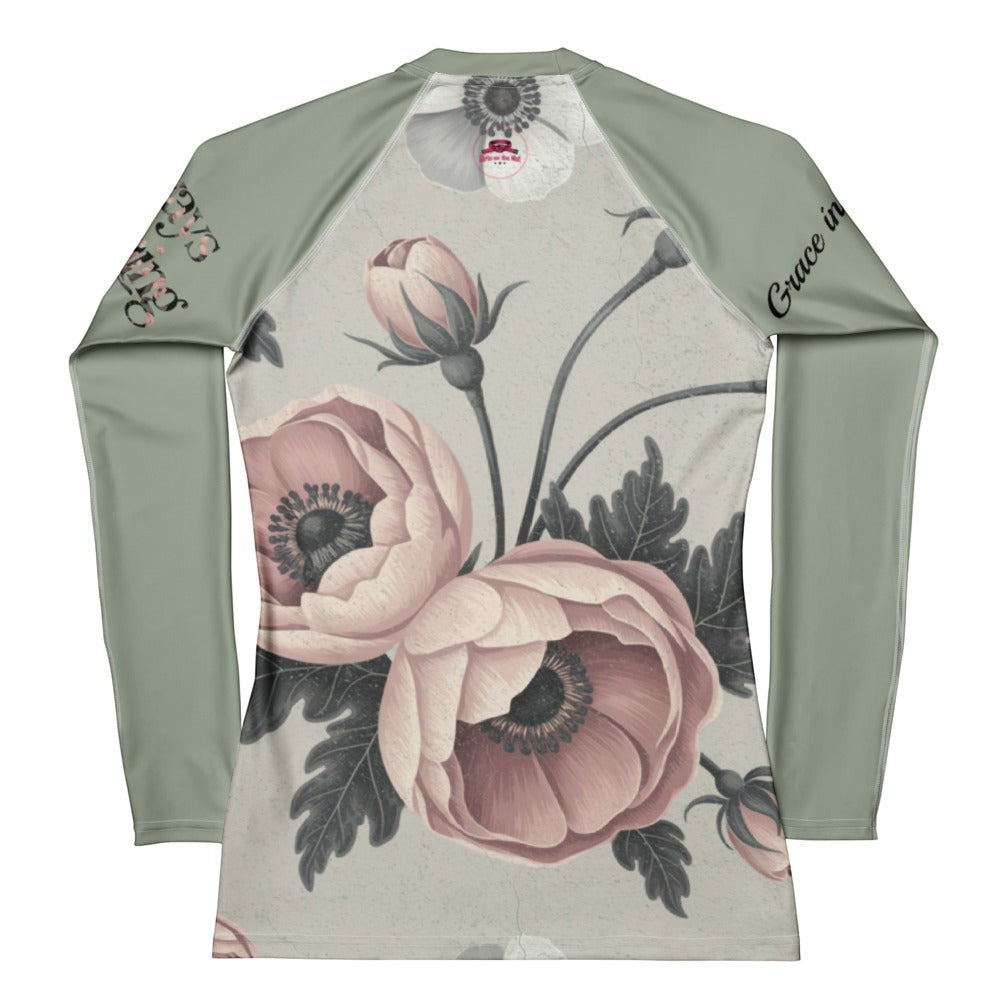 Roll Gear Always Blooming Rash Guard – Sage Green Athlete Edition – Women’s Long Sleeve, flat front view, floral print.