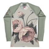 Roll Gear women's long sleeve rash guard in sage green with a floral print and "Grace in" text on sleeve.