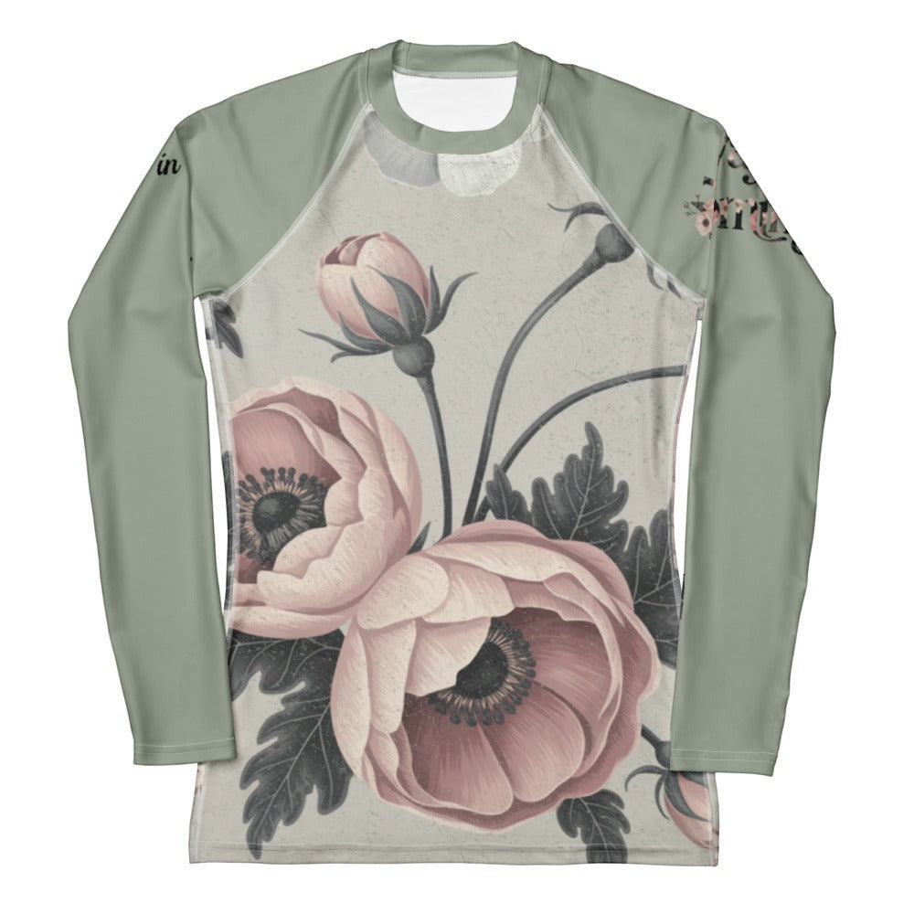 Roll Gear Always Blooming Rash Guard – Sage Green Athlete Edition – Women’s Long Sleeve, second flat front view.